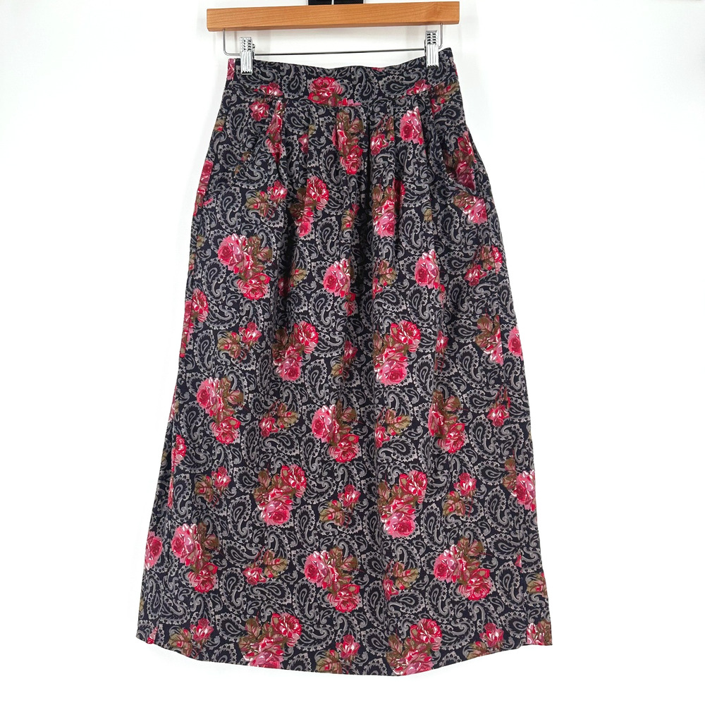 VTG Laura Ashley Midi Dark Floral A-Line Skirt Size 10 Pleated Cottage‎ Prairie